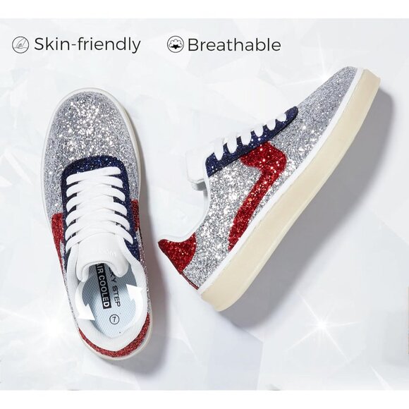 Lucky Step Women Silver Red Sparkly Bling Shiny Dressy Bedazzled Bridal Sneakers - Picture 4 of 9